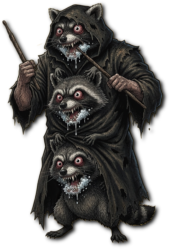 three raccoons in a robe smoking meth (allegedly)